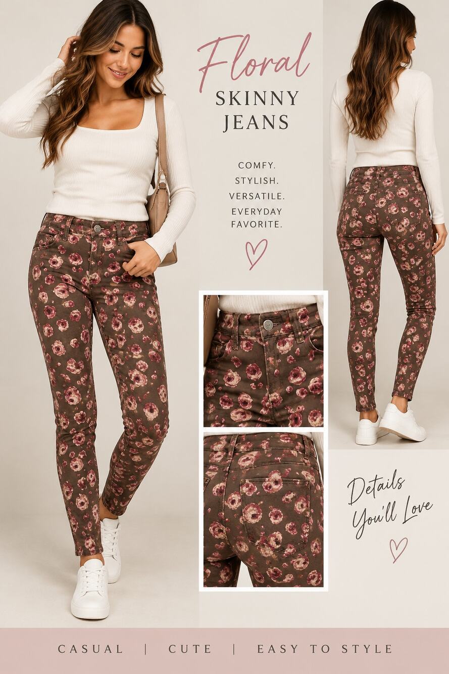 Brown & Pink Floral Rose Print Skinny Jeans Size 3 - STS Blue